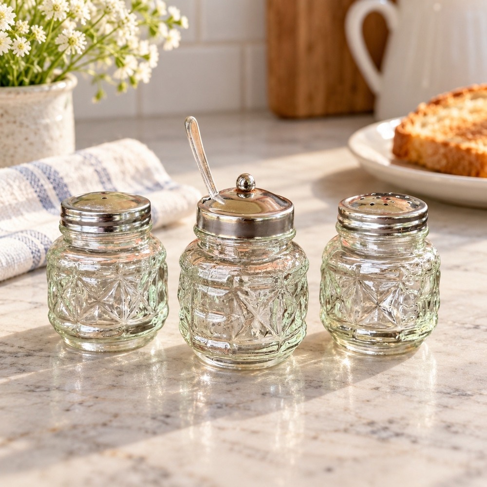 Vintage Anchor Hocking Style Quilt Star Salt Pepper Sugar Condiment Set